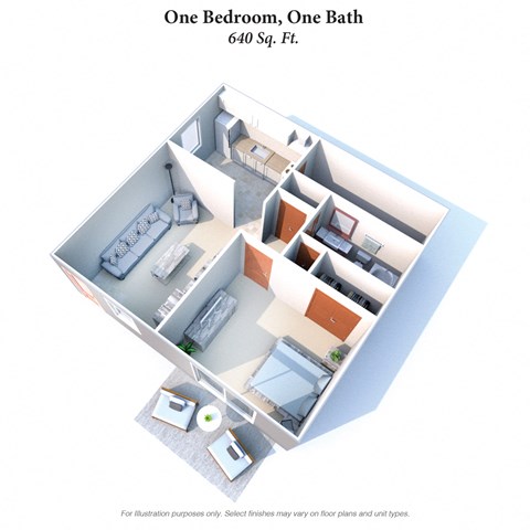 Floor plan for 1 bed, 1 bath, 640 sqft